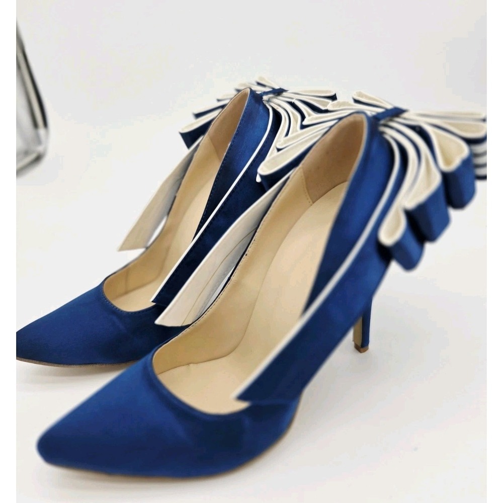 Shoe Pie Women Pumps Pointed Stiletto Heels Satin‎ Giant Bow Blue Formal 41 Eu